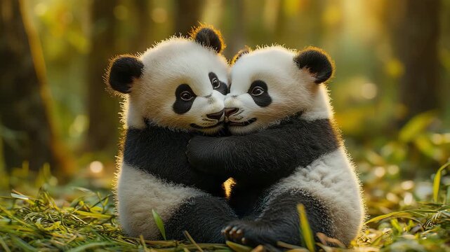 Two Adorable Panda Cubs Playfully Hugging in a Lush Green Forest