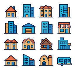 Fototapeta premium realty property types modern flat style. detached house, apartment building, townhouse, condominium, commercial building, warehouse, office space, retail store, duplex