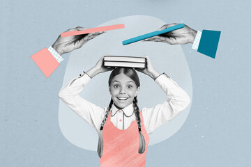 Full 3d artwork trend collage of happy reader schoolgirl hold book education hands offer textbook...