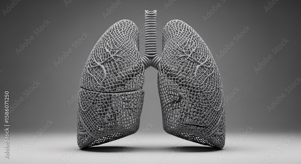 Poster conceptual 3d model of human lungs with a wireframe mesh structure on a grey background, representin
