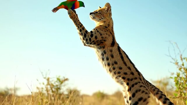 A serval cat leaps capturing a colorful lorikeet in midair against a clear sky and savanna backdrop