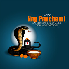 Happy Nag Panchami Festival - Sacred Cobra Snake with Oil Lamp and Worship Elements