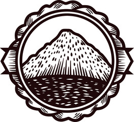 Vintage hand drawn mountain landscape emblem with circular badge border and textured ground