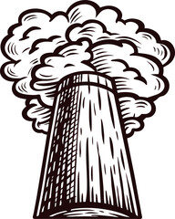 Engraved illustration of industrial cooling tower with billowing steam, vintage black and white energy concept