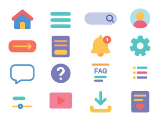 educational website interface elements modern flat style. homepage, menu icon, search bar, user profile, login button, signup form, notification bell, settings gear, chat