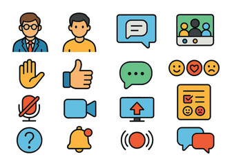 video tuition interaction and communication modern flat style. teacher avatar, student avatar, chat message, group call, hand raise icon, thumbs up, comment bubble, emoji