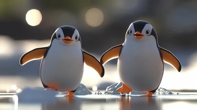 Two Cute Penguins Walking on Ice