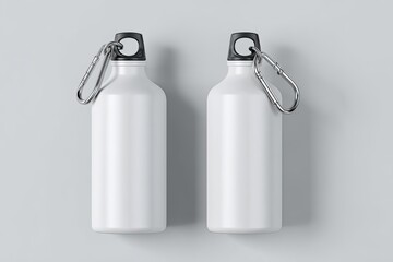 Two identical white aluminum water bottles with black caps and carabiner clips, viewed from above on a light gray background