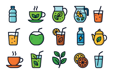 sauna beverages and refreshments modern flat style. water bottle, herbal tea, lemon water, infused water jug, glass of juice, coconut water, iced tea, smoothie, hot tea