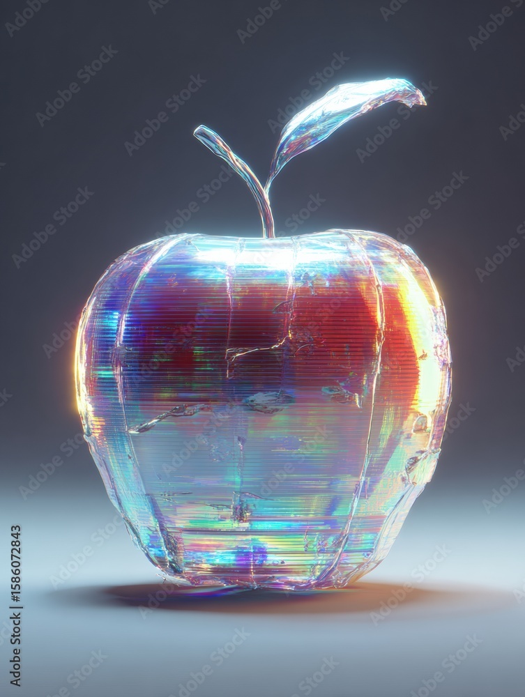 Poster neon apple with glitch effects in a cyberpunk style set against an empty upper third background