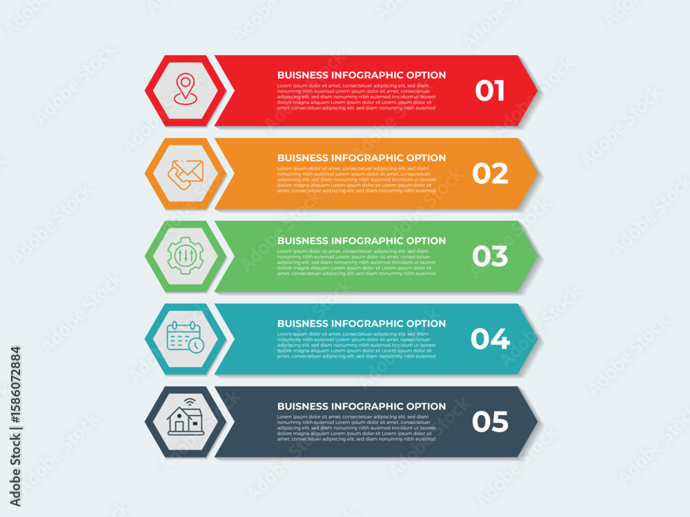 Poster 5 list of steps, layout diagram with number of sequence, circular infographic element template