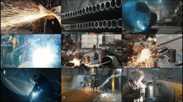 Industrial metalworking collage with welding sparks grinding and steel fabrication.