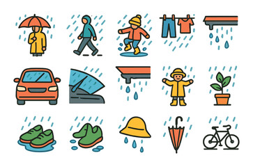 rain in daily life and activities modern flat style. person with umbrella, walking in rain, puddle jumping, drying wet clothes, rain on car windshield, wiper blade, rain