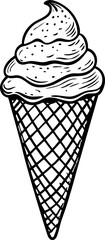 Hand drawn sketch of ice cream cone with waffle texture and swirled soft serve on white background