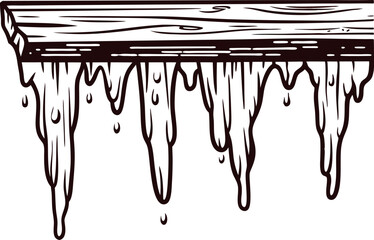 Vintage engraved dripping candle wax on wooden plank, hand drawn detailed illustration, isolated on white background