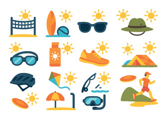 sun in sports and outdoor activities modern flat style. beach volleyball, surfing board, sunglasses, hiking sun hat, swimming goggles, sun lotion bottle, running shoes