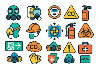 CO2 related health and safety modern flat style. gas mask, breathing apparatus, carbon monoxide detector, warning sign, oxygen mask, safety helmet, ventilation system