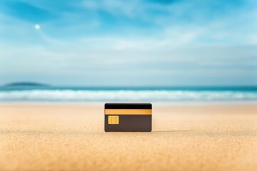 Credit card placed on sandy beach with ocean and sky background