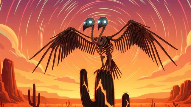 Two Headed Bird Skeleton on Cactus in Desert Sunset