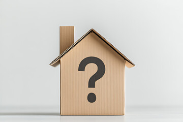 Cardboard house symbol with question mark. Homeownership uncertainty concept. Affordable housing queries. Property search doubts. Investment risks.