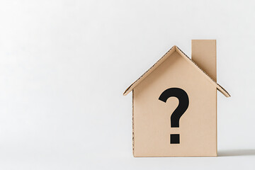 Conceptual image: Cardboard house with question mark suggesting uncertainty, doubt or big decisions to be made in housing, investment or relocation.