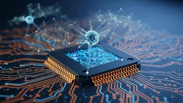 Abstract visualization of neural network interlinked with semiconductor chip nodes.