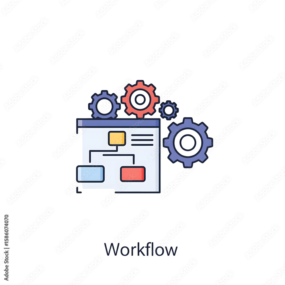 Poster colorful workflow diagram with gears icon isolated on a transparent background cogs
