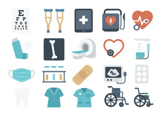 eye chart, crutches, medical tablet, defibrillator, inhaler, bone x-ray, MRI machine, heart stethoscope, surgical mask, test tube rack, band-aid, medical ultrasound