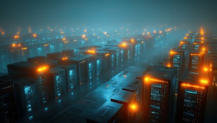 Futuristic server farm at night, glowing orange lights illuminating rows of dark metal server cabinets in a misty, ethereal landscape