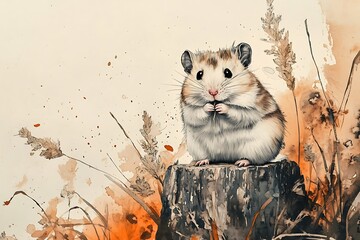 A thrifty hamster on a stump in an autumn forest against the dry autumn grass in the process of preparing supplies for the winter. Passing summer. Hand drawing. Alcohol ink. Beige, orange, brown-gray.