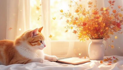 A sunlit workspace by the window. An open notebook, an autumn leaves bouquet and a ginger cat who has come for support are starting a new school year or returning from summer vacation. Back to school