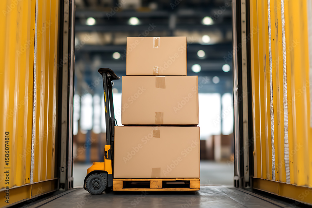 Poster forklift carrying cardboard boxes: streamlining logistics with efficient material handling. optimize