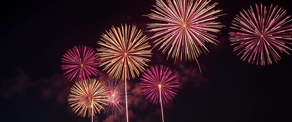 Fototapeta premium Vibrant fireworks burst against a night sky, ideal for celebratory designs, promotional, display