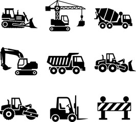 Construction machinery icons represent a comprehensive set of equipment used in building and engineering projects, transparent background