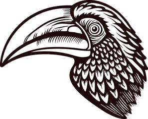 Fototapeta premium Hand drawn toucan bird head illustration with intricate feather detail on white background