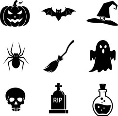 Obraz premium Spooky Halloween icons depict classic symbols of the holiday like ghosts, pumpkins, and bats for seasonal designs, transparent background