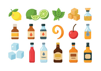 lemons, limes, mint leaves, sugar cubes, bitters, soda syrup, orange peel, cherry, ice cubes, grenadine, tonic water, triple sec, vodka, gin, rum, whiskey.