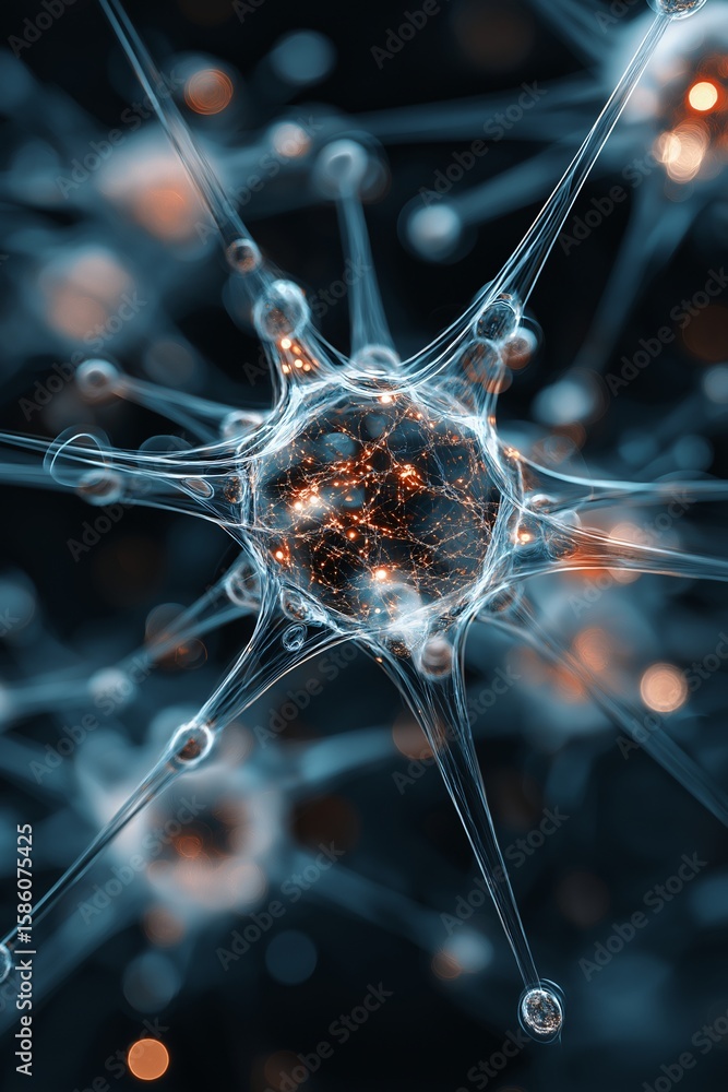 Poster a mesmerizing close-up shot of a neuron cell, showcasing its intricate structure with glowing detail