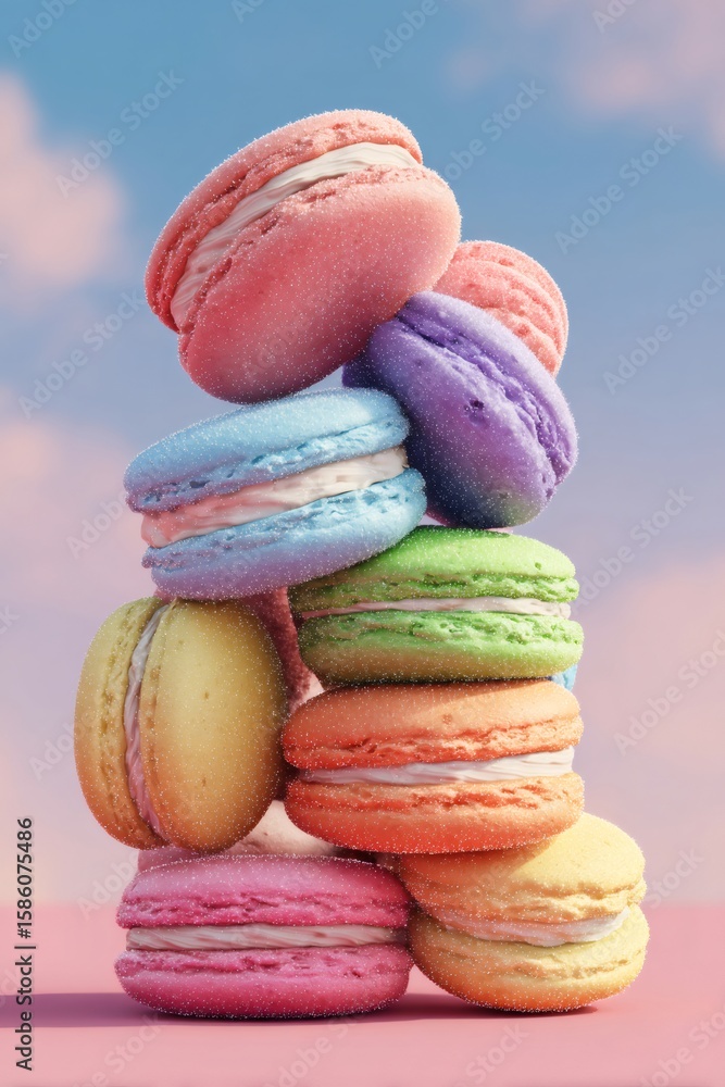 Poster tempting tower of sugared macarons in various colors stands tall against a soft pastel sky, creating