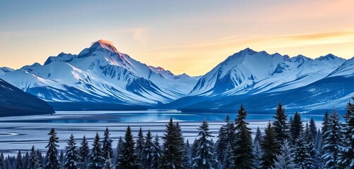Majestic snow-capped peaks at sunrise, reflecting in a calm river, with a foreground of snow-covered fir trees and a vast plain, icon, snow