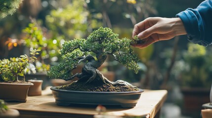 A bonsai tree being carefully tended to in a garden setting.