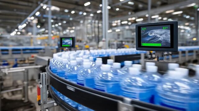 A close-up view of conveyor belt rollers efficiently moving blue plastic water bottles, surrounded by industrial machinery and digital monitors showcasing production metrics.