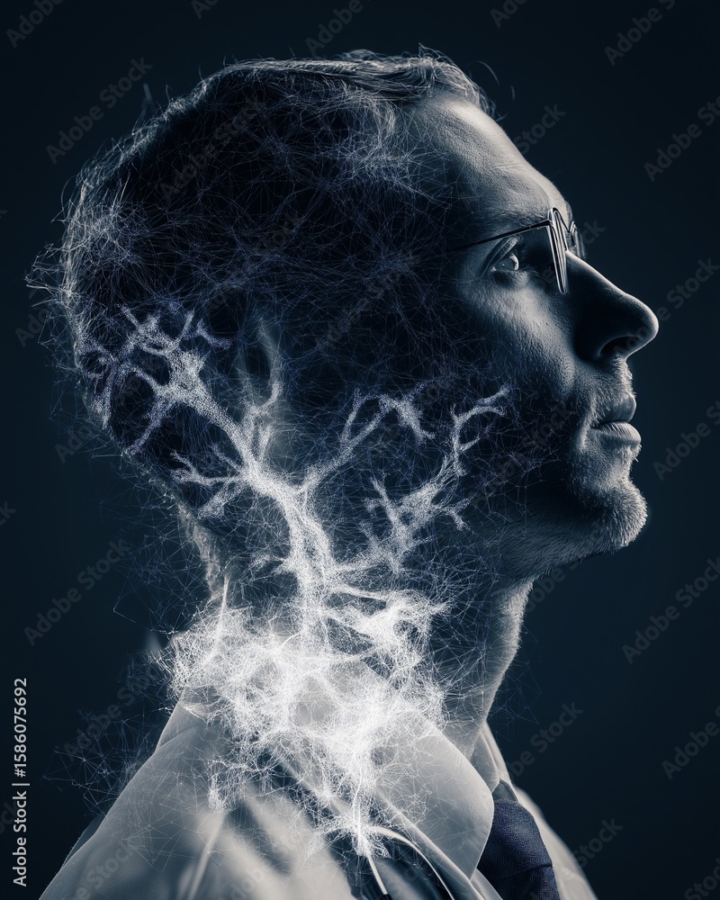 Poster a pensive man, profile view, with a network of lines emanating from his head, suggesting complex tho