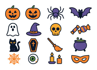 Halloween and spooky decorations modern flat style. pumpkin, jack-o’-lantern, spider, bat, ghost, witch hat, skull, candy, black cat, coffin, broomstick, cauldron, cobweb