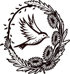 Obraz premium Flying bird surrounded by daisy flower wreath, black and white vintage illustration