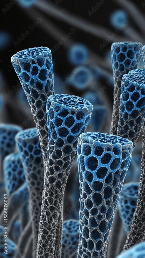 Poster detailed macro shot of various blue and grey-toned cellular structures that resemble flowers, creati
