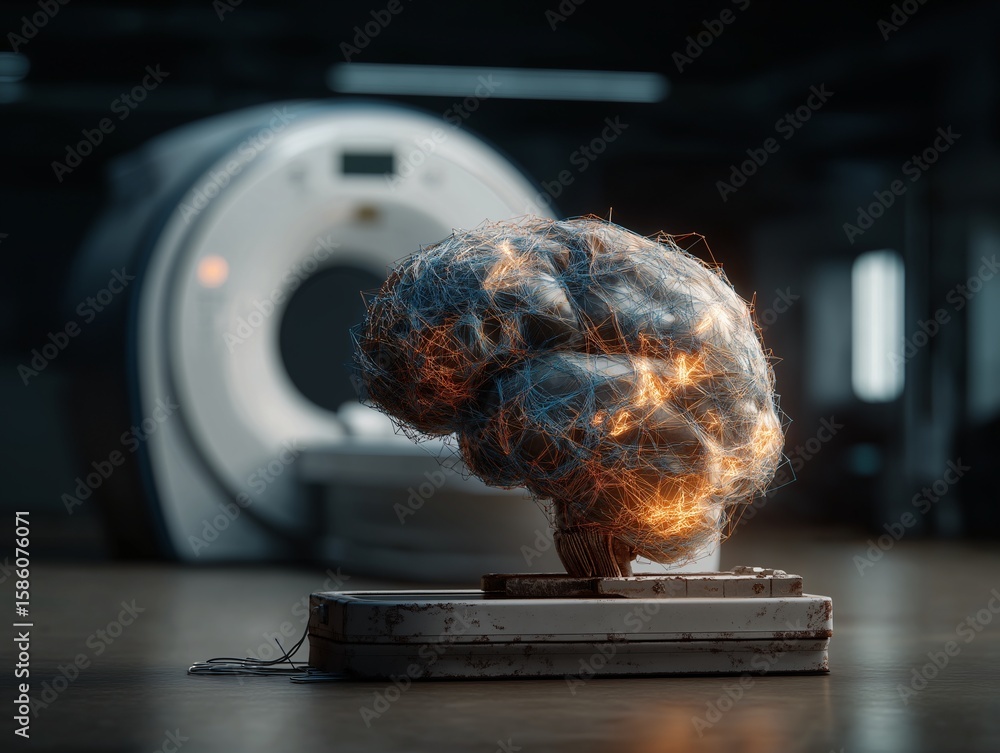 Poster a captivating image of a glowing brain in front of a ct scanner