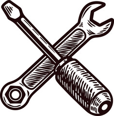 Obraz premium Hand drawn illustration of screwdriver and wrench crossed isolated on white background vintage engraving