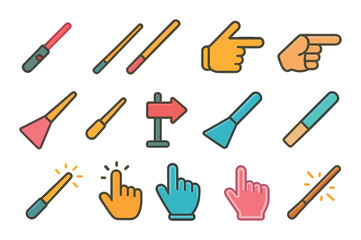 Physical pointers and indicators modern flat style. laser pointer, stick pointer, baton, finger pointer, spotlight beam, arrow sign, light beam, chalk pointer, baton with