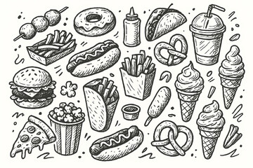 Assorted doodles of fast food items including burgers and ice cream  